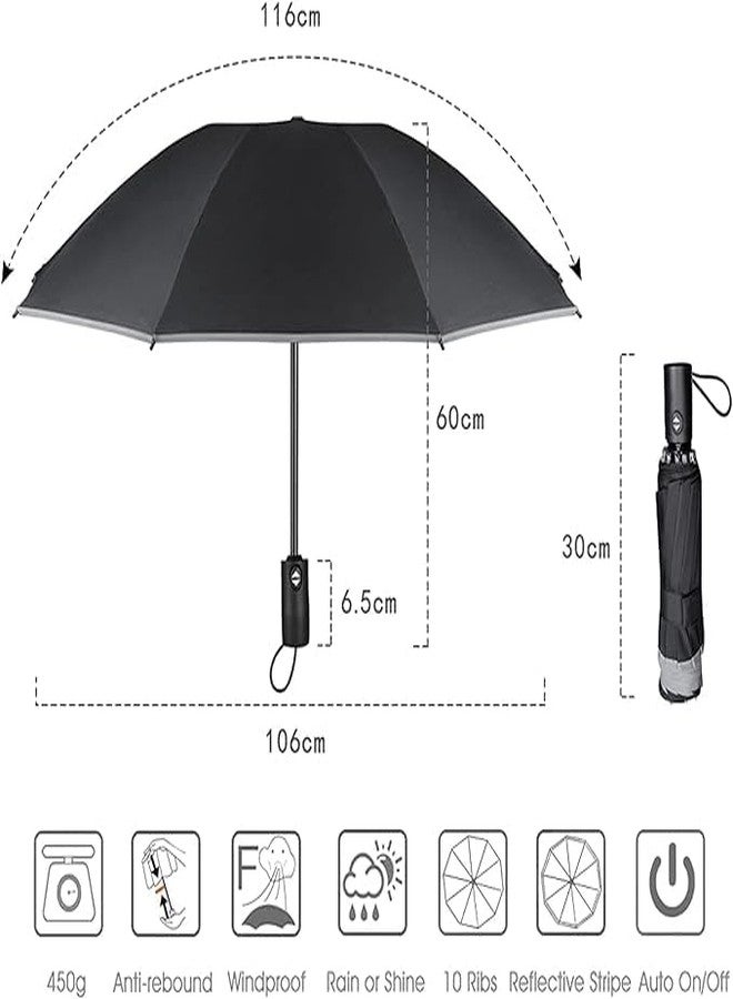 MIXEN Inverted Umbrella with Fiberglass Ribs, Auto Open/Close Reinforced Windproof Folding Umbrella with Anti-UVCoating, Travel Umbrella, Reflective Stripes for Night Safety, Black - Image 2